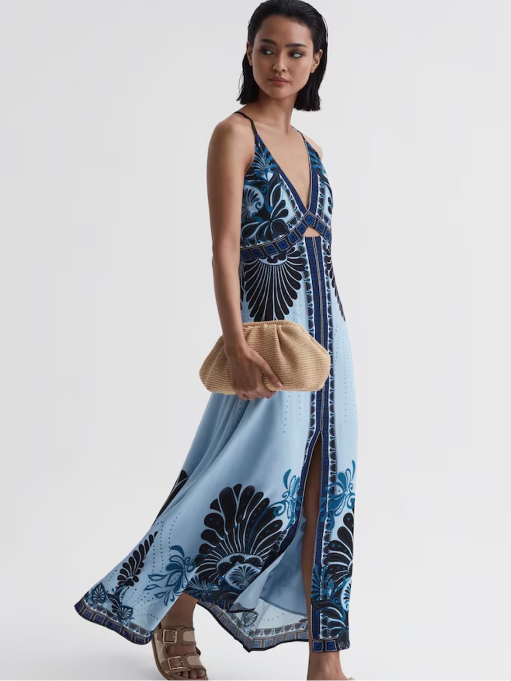 Reiss Emerson Printed V-Neck Maxi Dress in Blue